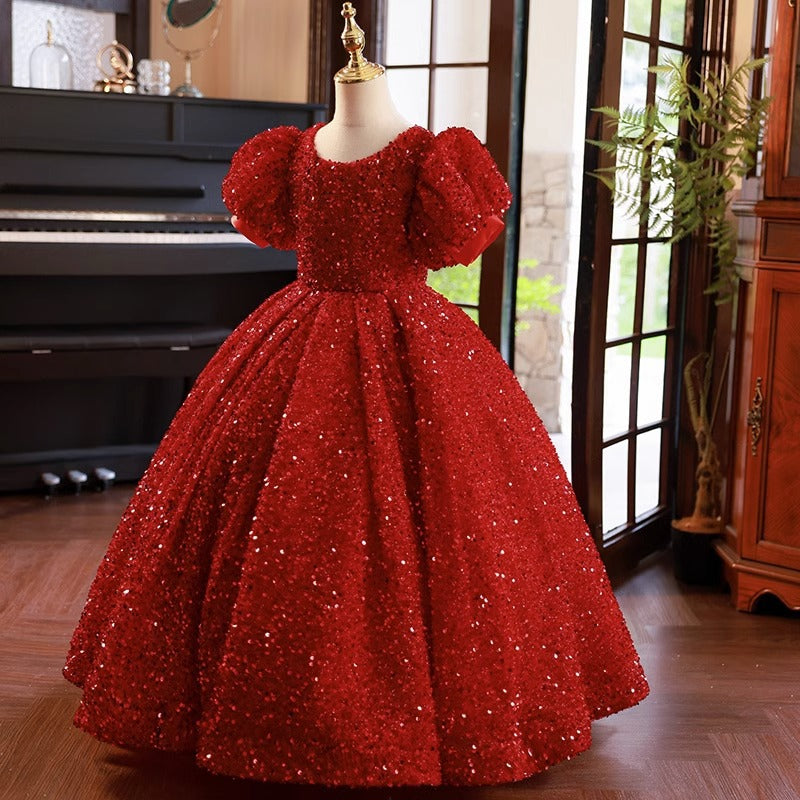 Red Sequin Ball Gown Dress for Girls | Floor Length Birthday & Party Gown