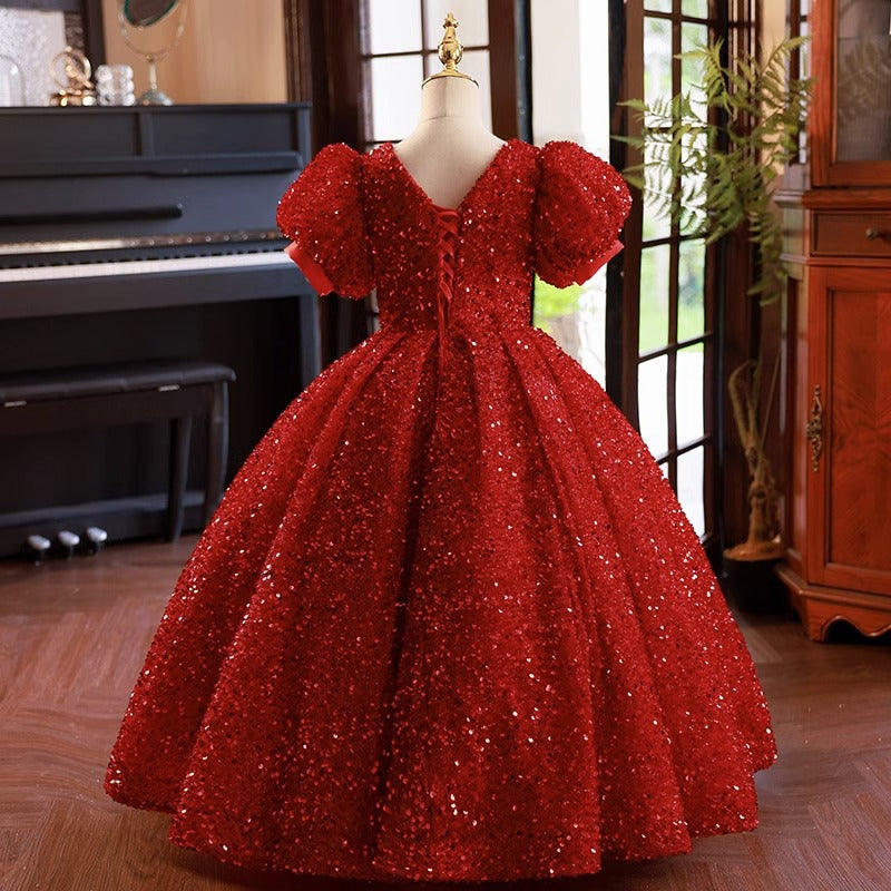 Red Sequin Ball Gown Dress for Girls | Floor Length Birthday & Party Gown