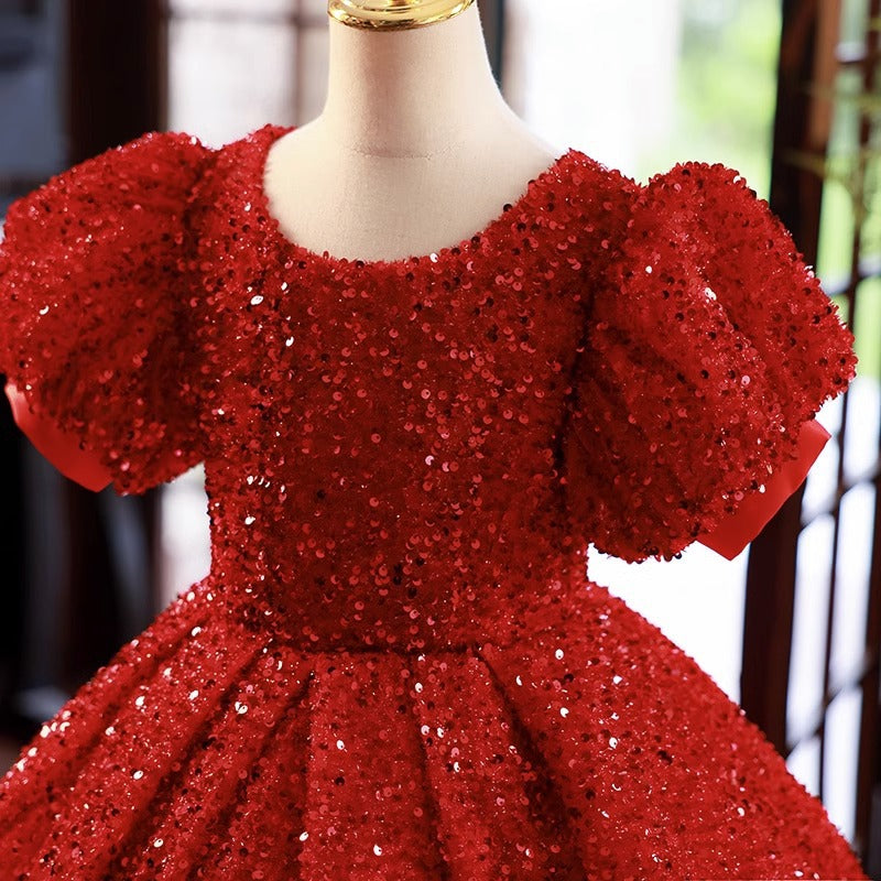 Red Sequin Ball Gown Dress for Girls | Floor Length Birthday & Party Gown
