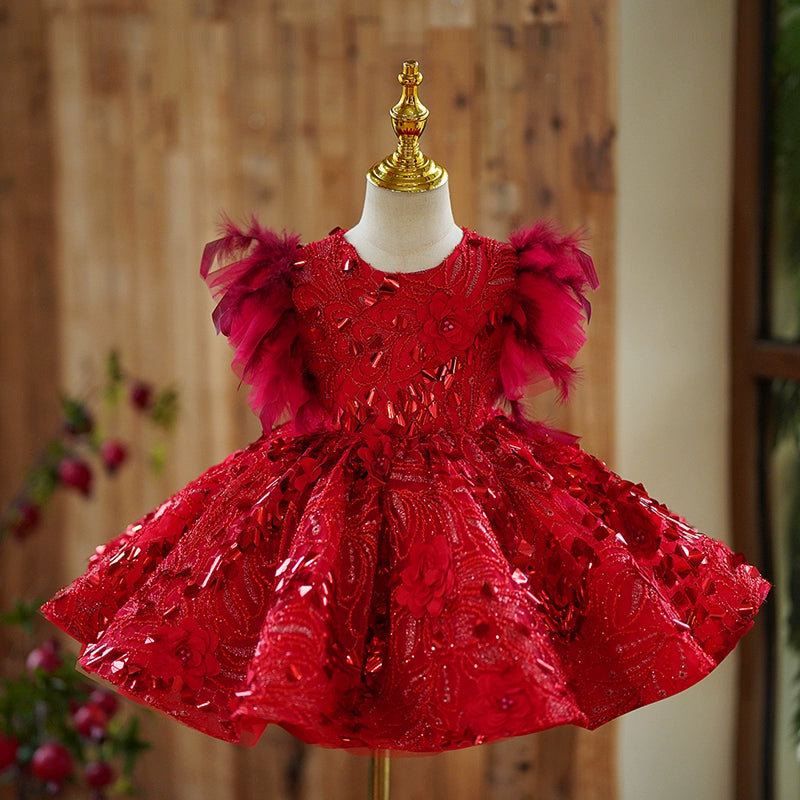 Red Sequin Ball Gown Dress for Girls – Floral Embellishments, Special Occasion