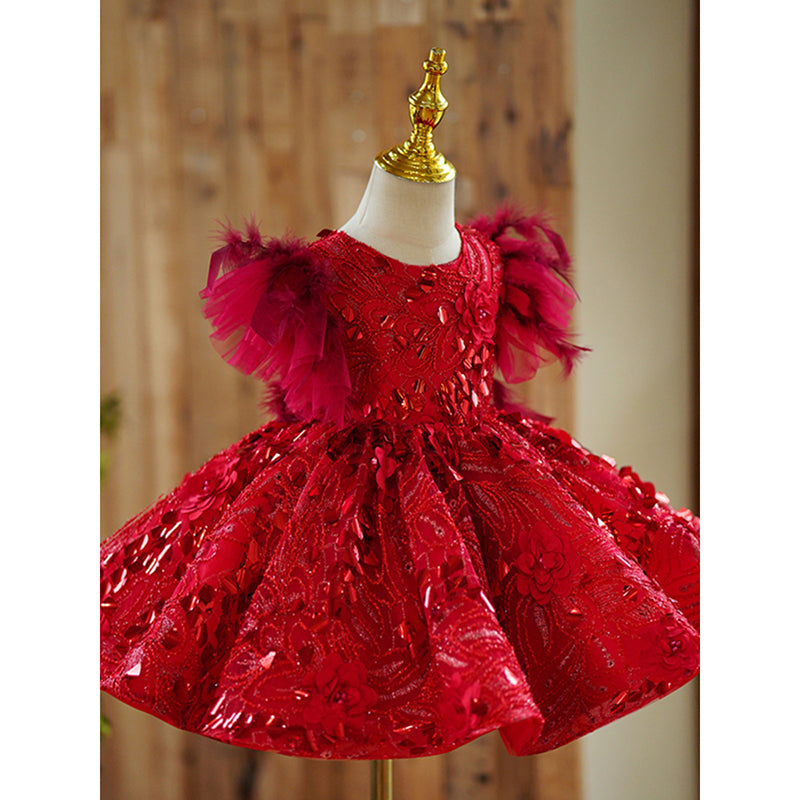 Red Sequin Ball Gown Dress for Girls – Floral Embellishments, Special Occasion