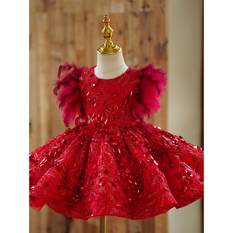 Red Sequin Ball Gown Dress for Girls – Floral Embellishments, Special Occasion