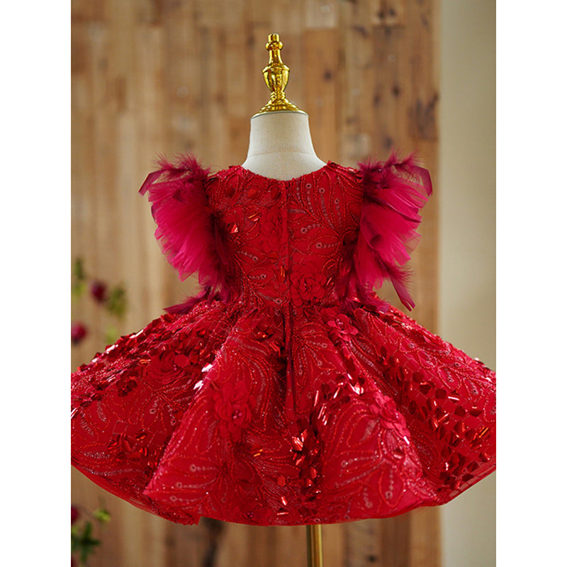 Red Sequin Ball Gown Dress for Girls – Floral Embellishments, Special Occasion