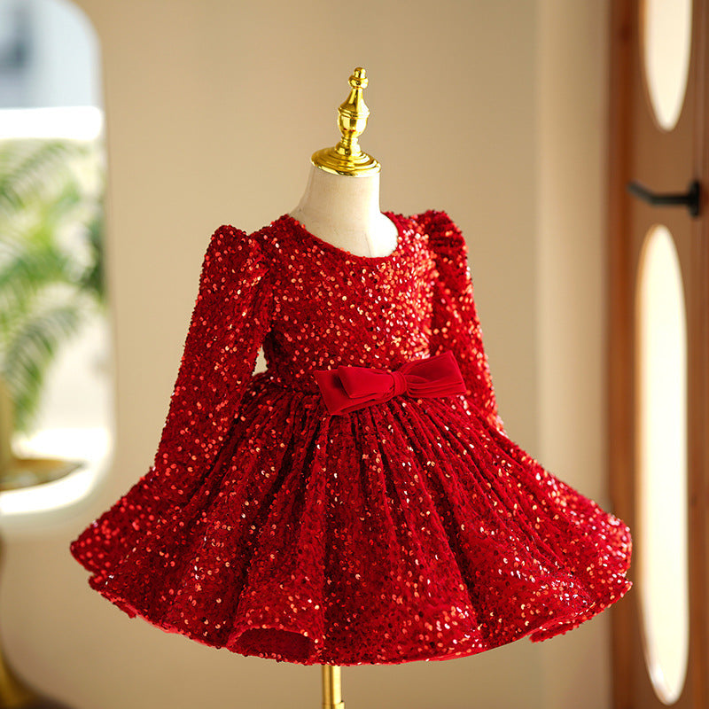 Red Sequin Ball Gown Dress with Long Sleeves for Girls - Holiday & Party Outfit