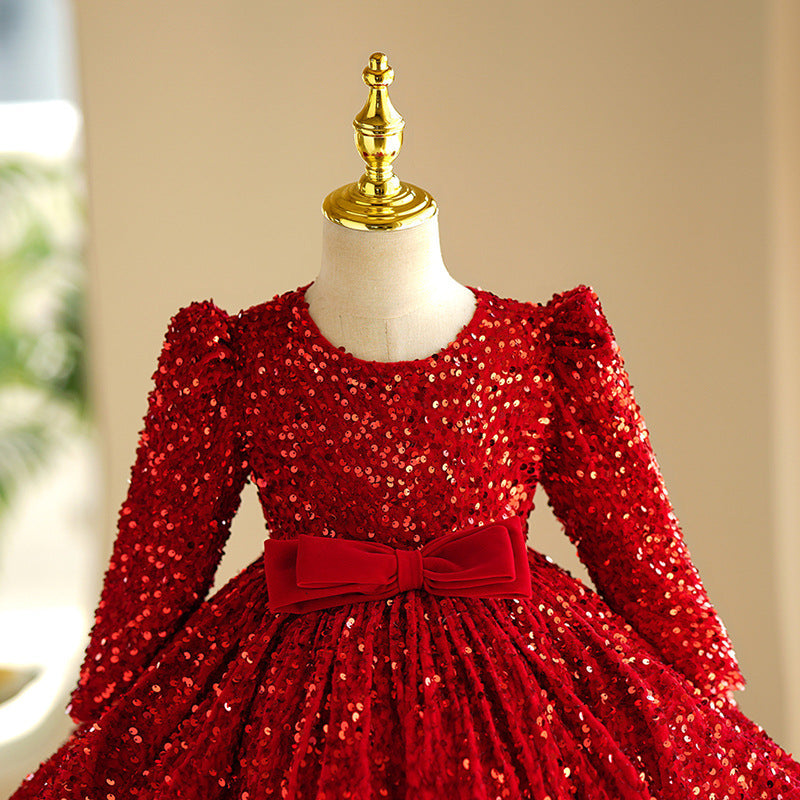 Red Sequin Ball Gown Dress with Long Sleeves for Girls - Holiday & Party Outfit