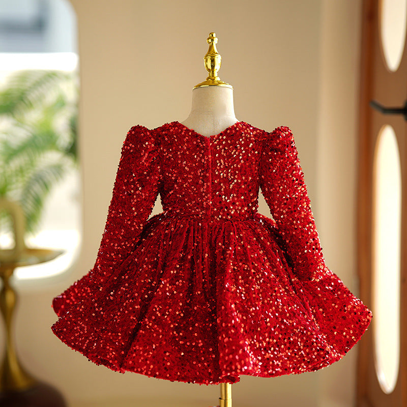 Red Sequin Ball Gown Dress with Long Sleeves for Girls - Holiday & Party Outfit