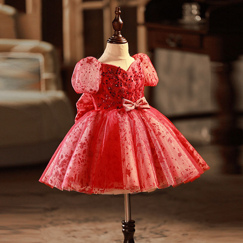 Red Sequin Princess Flower Girl Dress V-Neck Puff Sleeve Bow