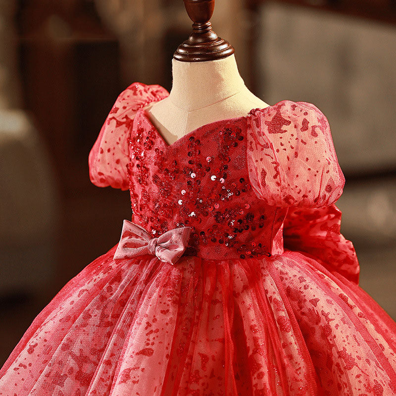Red Sequin Princess Flower Girl Dress V-Neck Puff Sleeve Bow