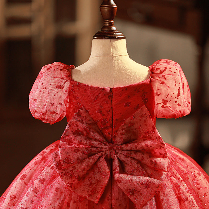 Red Sequin Princess Flower Girl Dress V-Neck Puff Sleeve Bow