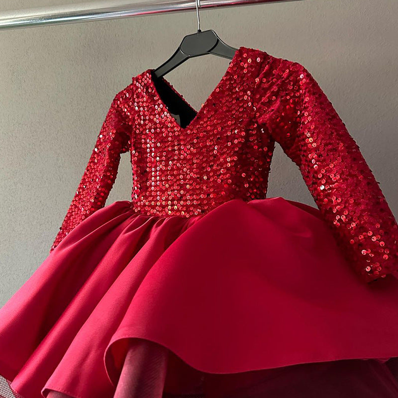 Red Girls' Sequin Ball Gown Dress with Tiered Skirt & Long Sleeves – Holiday Party & Birthday Outfits