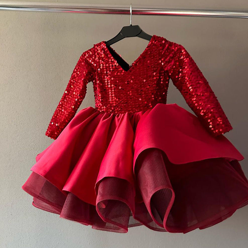 Red Girls' Sequin Ball Gown Dress with Tiered Skirt & Long Sleeves – Holiday Party & Birthday Outfits