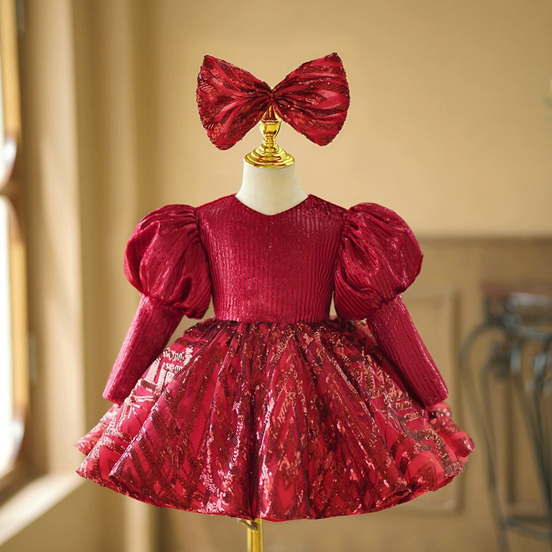 Red Sequined Ball Gown Knee Length Dress for Girls – Long Sleeve Birthday & Party Dress