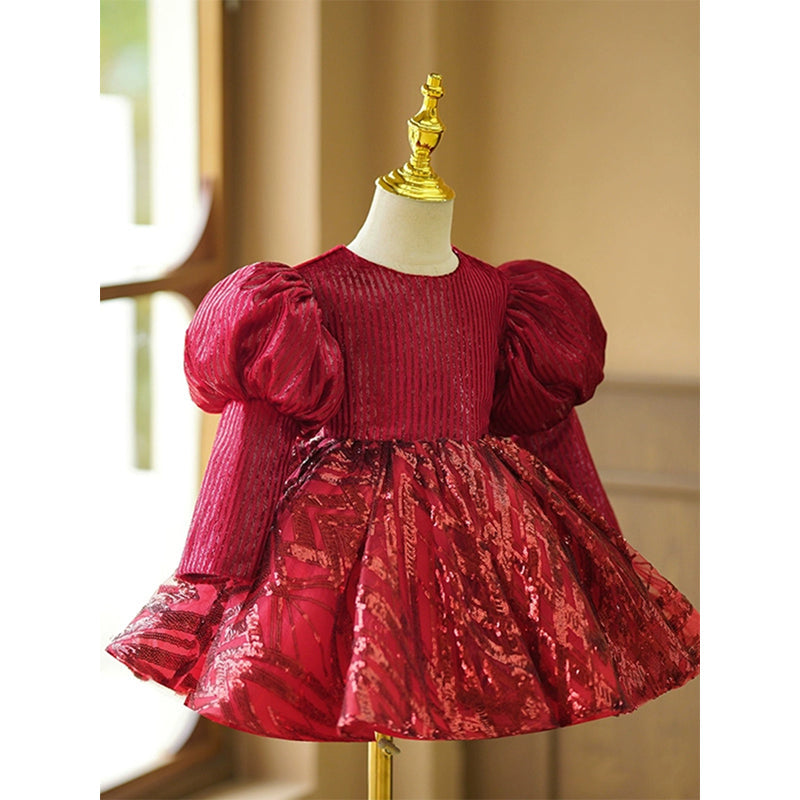 Red Sequined Ball Gown Knee Length Dress for Girls – Long Sleeve Birthday & Party Dress