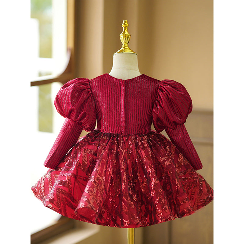 Red Sequined Ball Gown Knee Length Dress for Girls – Long Sleeve Birthday & Party Dress