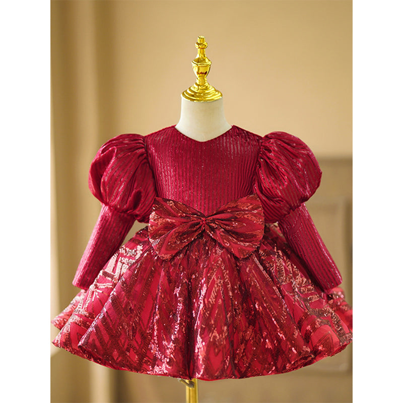 Red Sequined Ball Gown Knee Length Dress for Girls – Long Sleeve Birthday & Party Dress