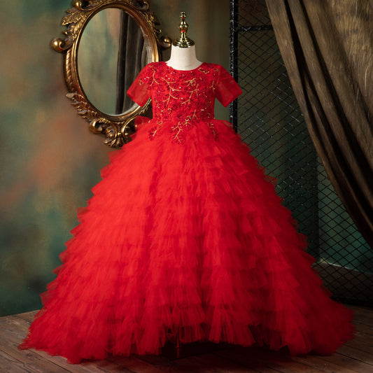 Red Sequined Tulle A-Line Flower Girl Dress Puff Sleeve
