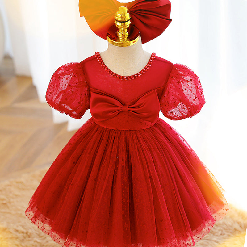 Red Tulle A-Line Tea Length Flower Girl Dress Bow Puff Sleeve