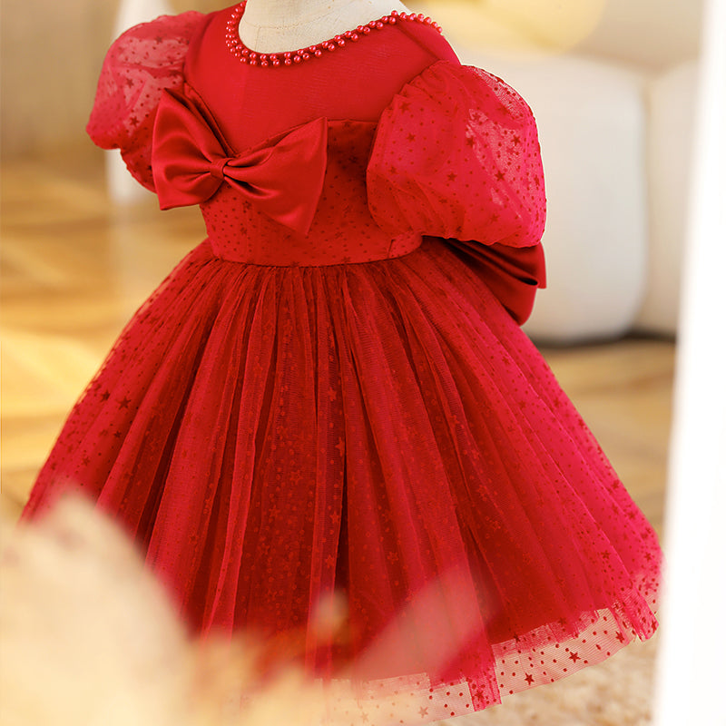 Red Tulle A-Line Tea Length Flower Girl Dress Bow Puff Sleeve