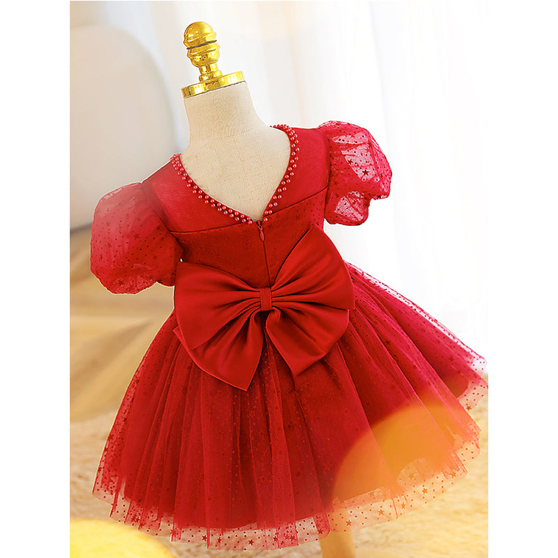 Red Tulle A-Line Tea Length Flower Girl Dress Bow Puff Sleeve