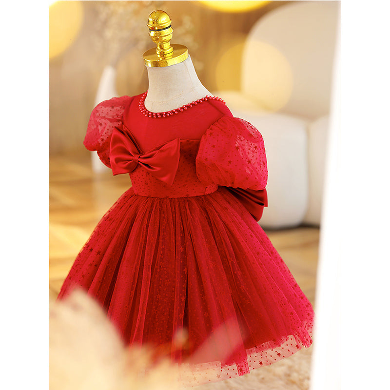 Red Tulle A-Line Tea Length Flower Girl Dress Bow Puff Sleeve