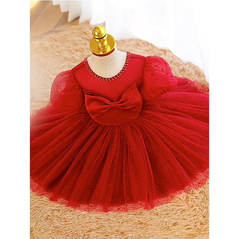 Red Tulle A-Line Tea Length Flower Girl Dress Bow Puff Sleeve