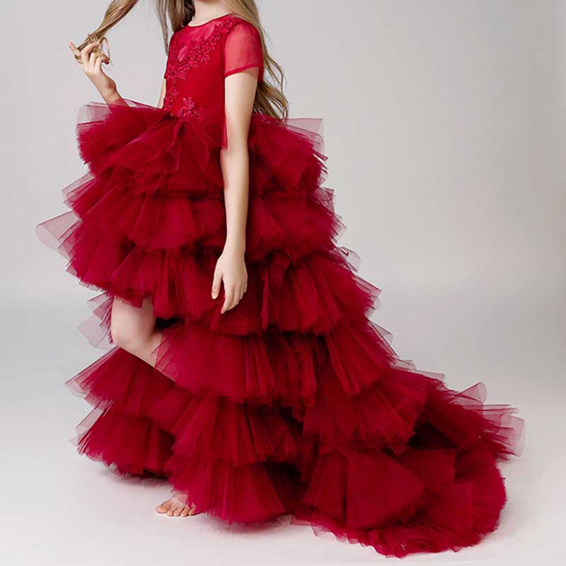 Red Tulle Ball Gown Flower Girl Dress – Tiered Appliqué Princess Party Gown