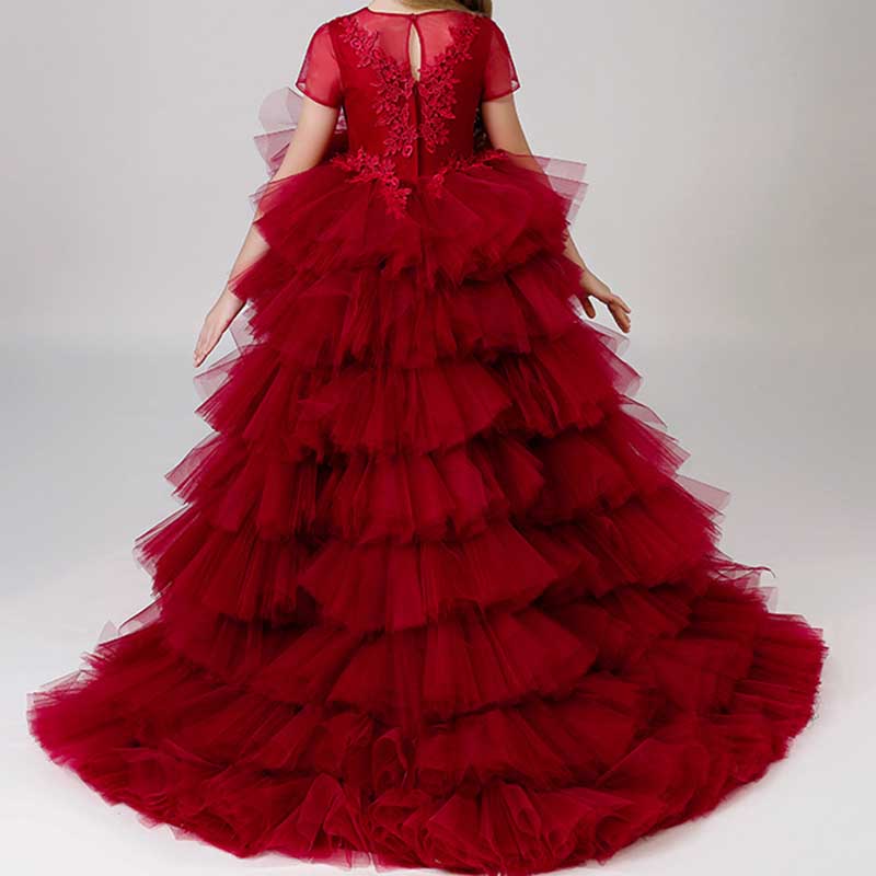 Red Tulle Ball Gown Flower Girl Dress – Tiered Appliqué Princess Party Gown
