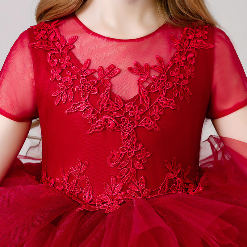Red Tulle Ball Gown Flower Girl Dress – Tiered Appliqué Princess Party Gown