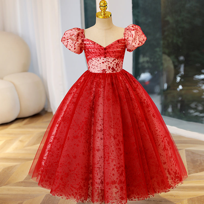 Red Tulle Princess Flower Girl Dress Sequin Pleated Puff Sleeve