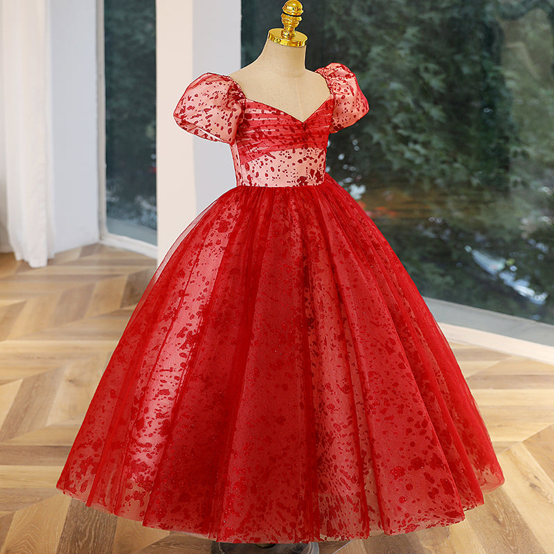 Red Tulle Princess Flower Girl Dress Sequin Pleated Puff Sleeve