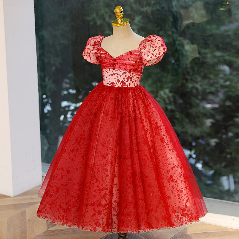 Red Tulle Princess Flower Girl Dress Sequin Pleated Puff Sleeve