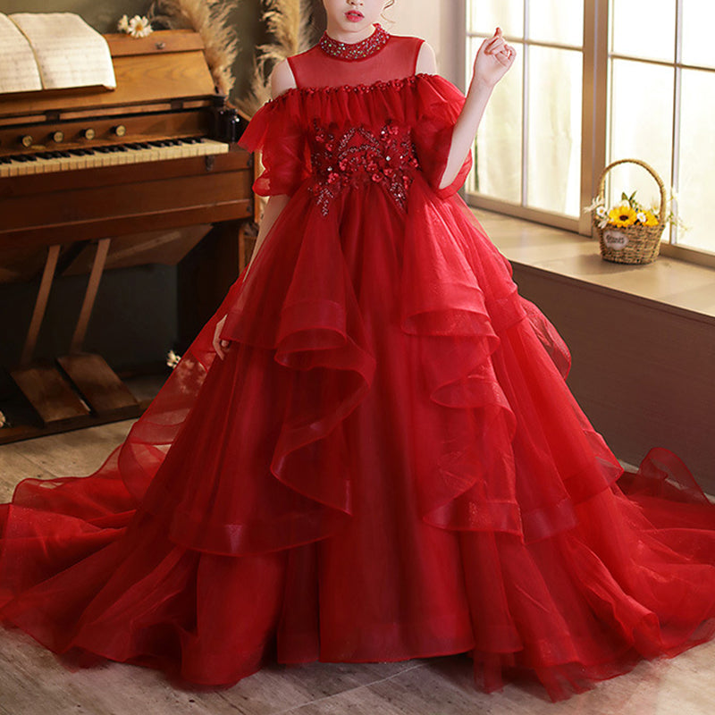 Red Ball Gown Dress for Girls | Sequin Tulle Floor Length Tiered Skirt
