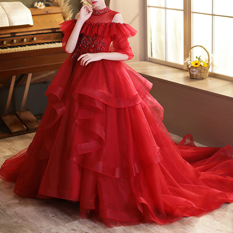 Red Ball Gown Dress for Girls | Sequin Tulle Floor Length Tiered Skirt