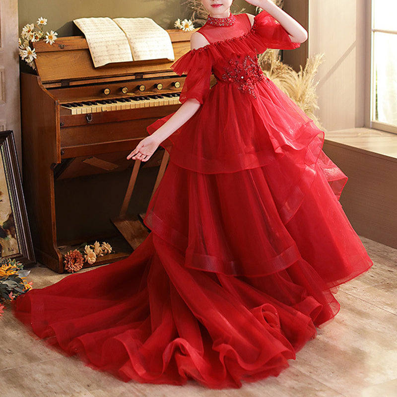 Red Ball Gown Dress for Girls | Sequin Tulle Floor Length Tiered Skirt
