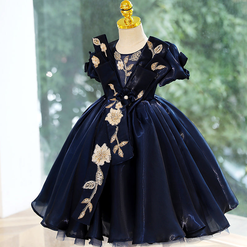 Royal Blue A-Line Flower Girl Dress with Sequins & Puff Sleeves