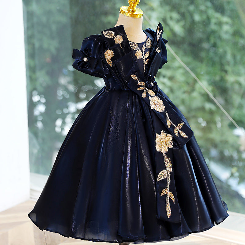 Royal Blue A-Line Flower Girl Dress with Sequins & Puff Sleeves