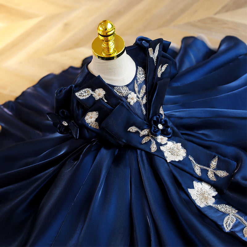 Royal Blue A-Line Flower Girl Dress with Sequins & Puff Sleeves