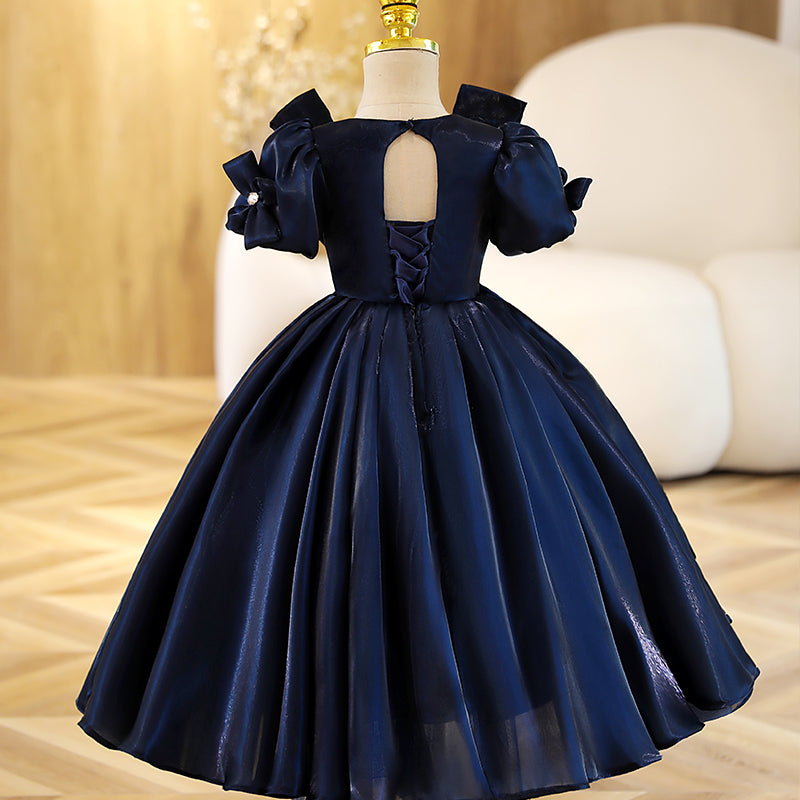 Royal Blue A-Line Flower Girl Dress with Sequins & Puff Sleeves