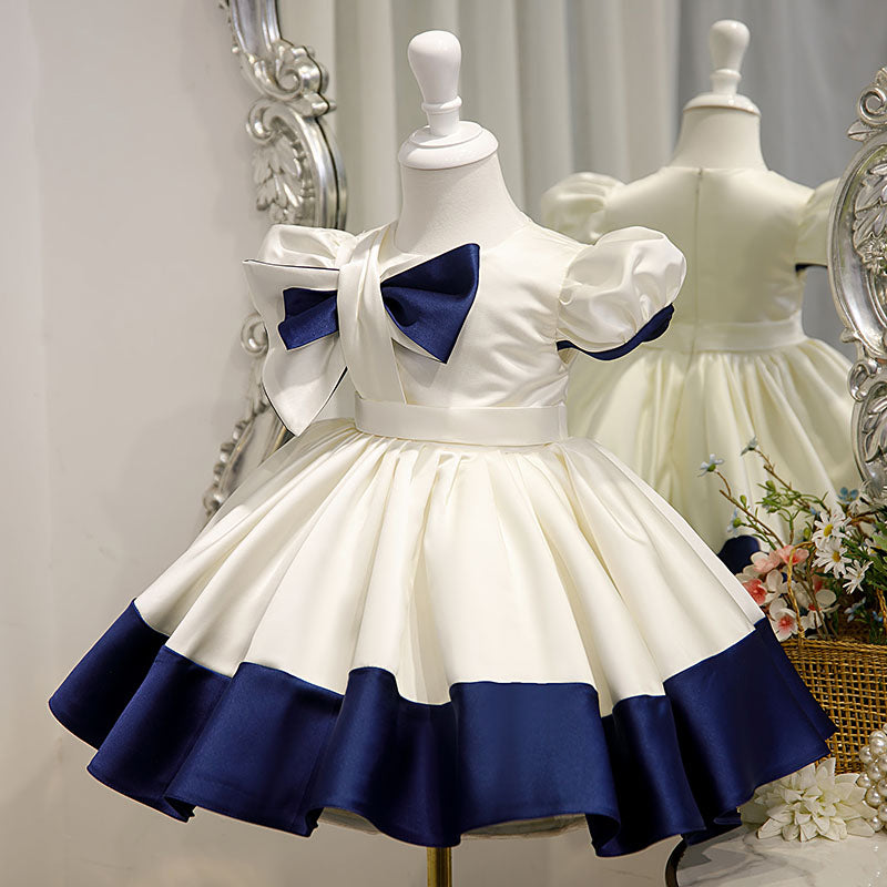 Royal Blue Satin Flower Girl Dress | Bow & Ruffle