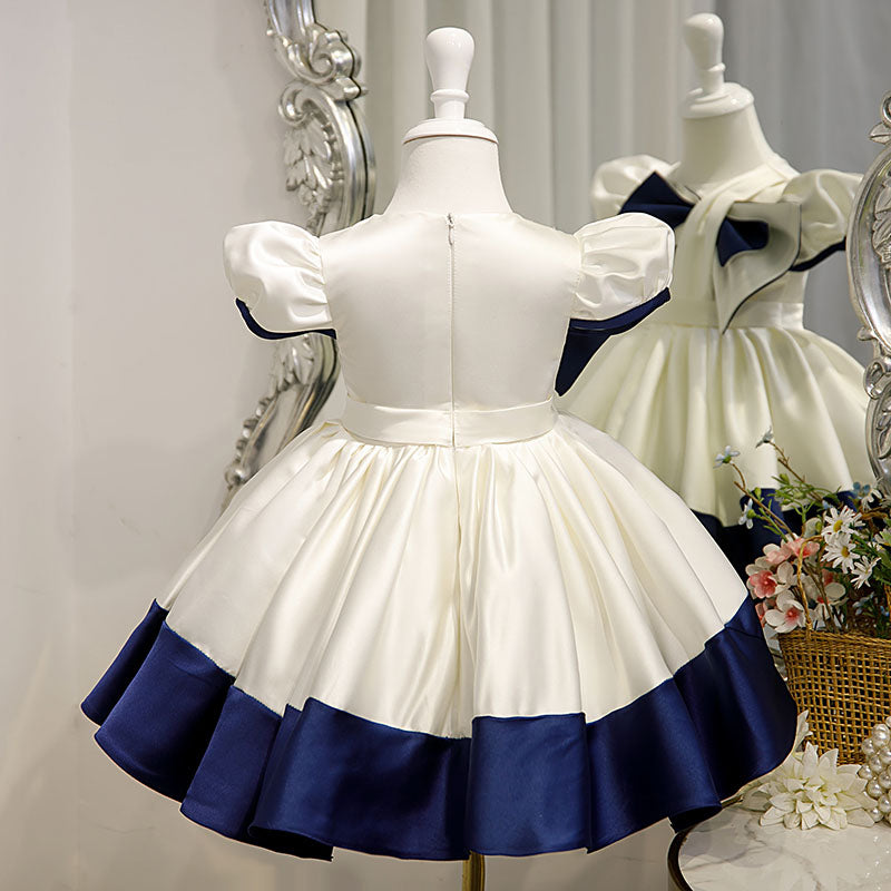 Royal Blue Satin Flower Girl Dress | Bow & Ruffle