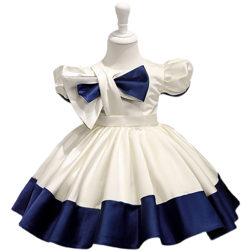 Royal Blue Satin Flower Girl Dress | Bow & Ruffle