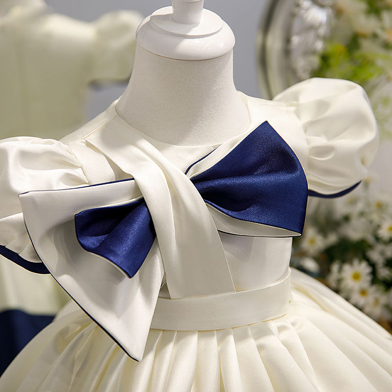 Royal Blue Satin Flower Girl Dress | Bow & Ruffle