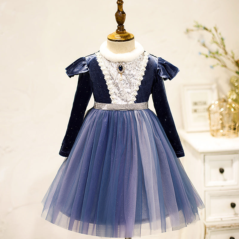 Royal Blue Tulle Lace Flower Girl Dress | Long Sleeves