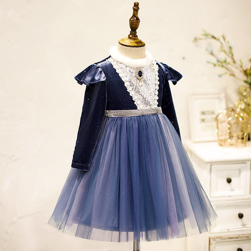 Royal Blue Tulle Lace Flower Girl Dress | Long Sleeves