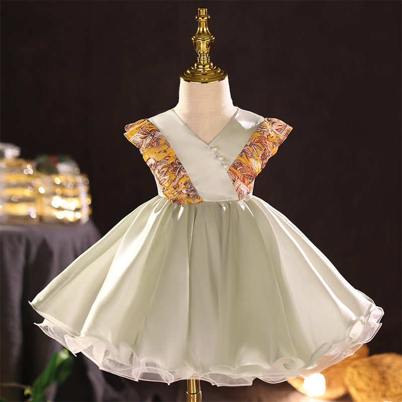 Sage Green A-line Tea-Length Flower Girl Dress with Bows