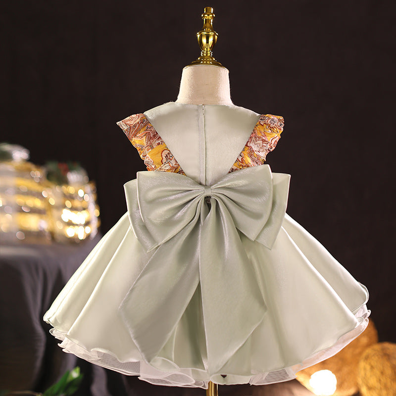 Sage Green A-line Tea-Length Flower Girl Dress with Bows