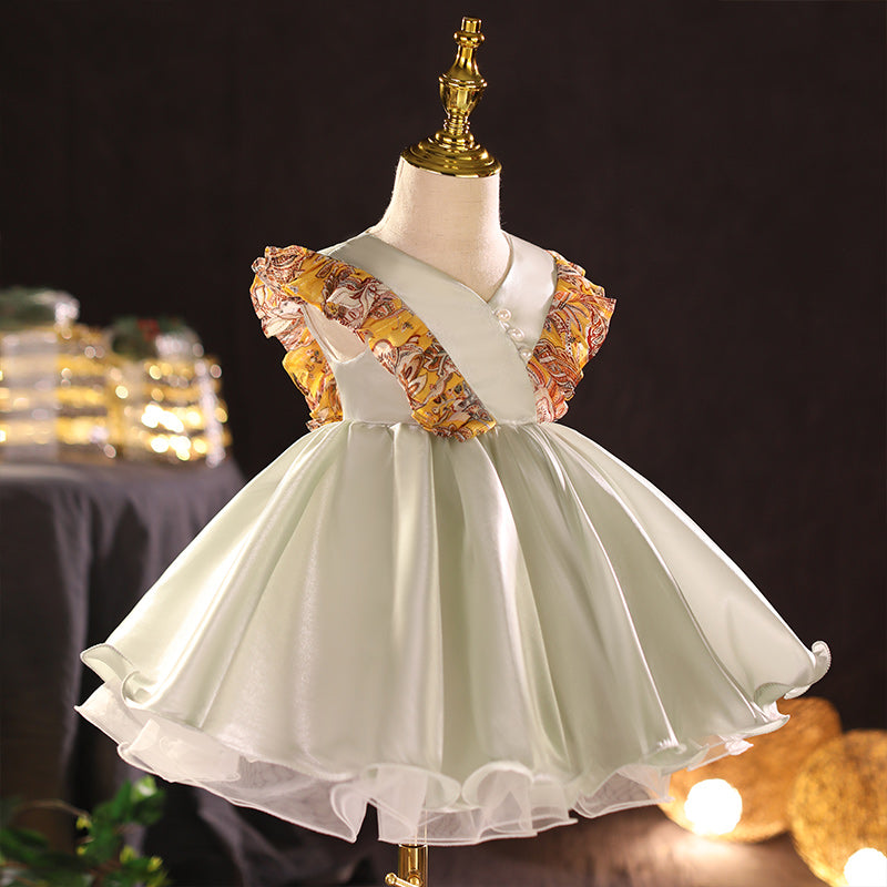 Sage Green A-line Tea-Length Flower Girl Dress with Bows