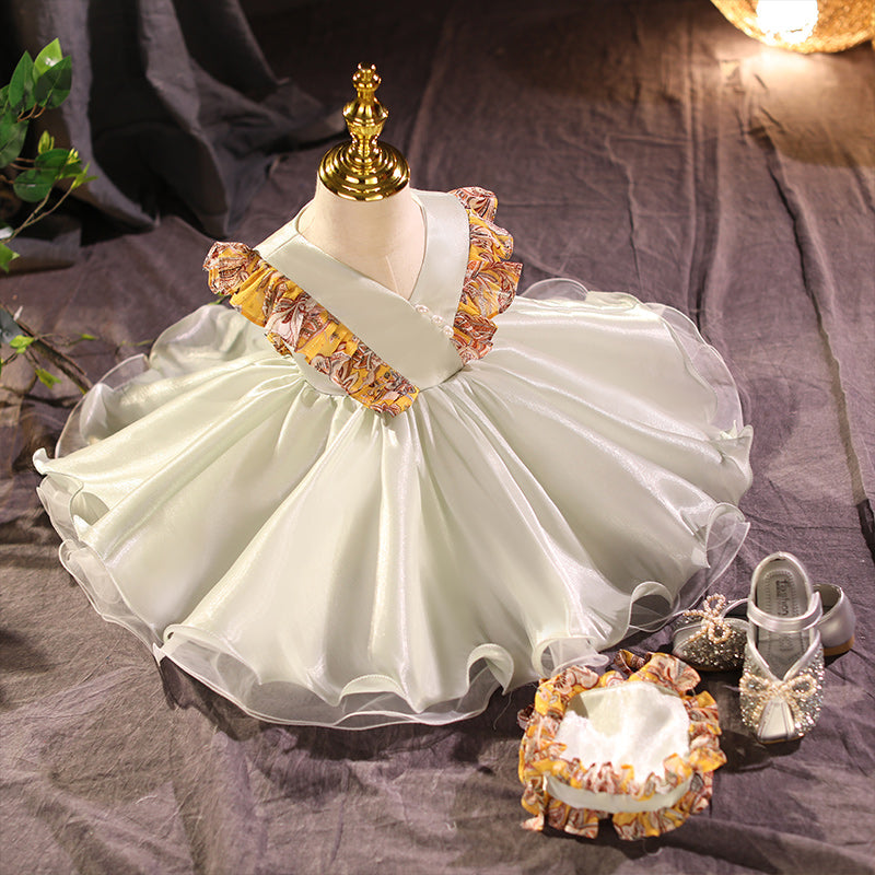 Sage Green A-line Tea-Length Flower Girl Dress with Bows