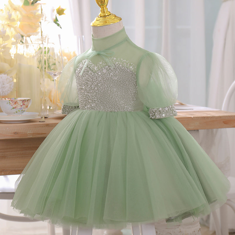 Sage Green A-Line Tulle Flower Girl Dress with Sequins and Bow