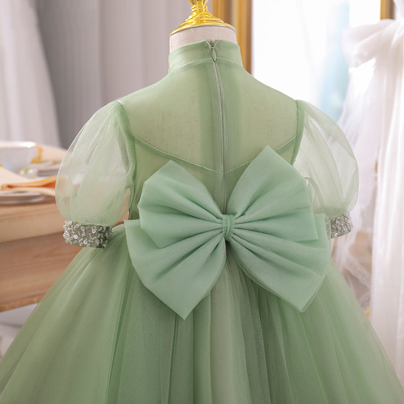 Sage Green A-Line Tulle Flower Girl Dress with Sequins and Bow